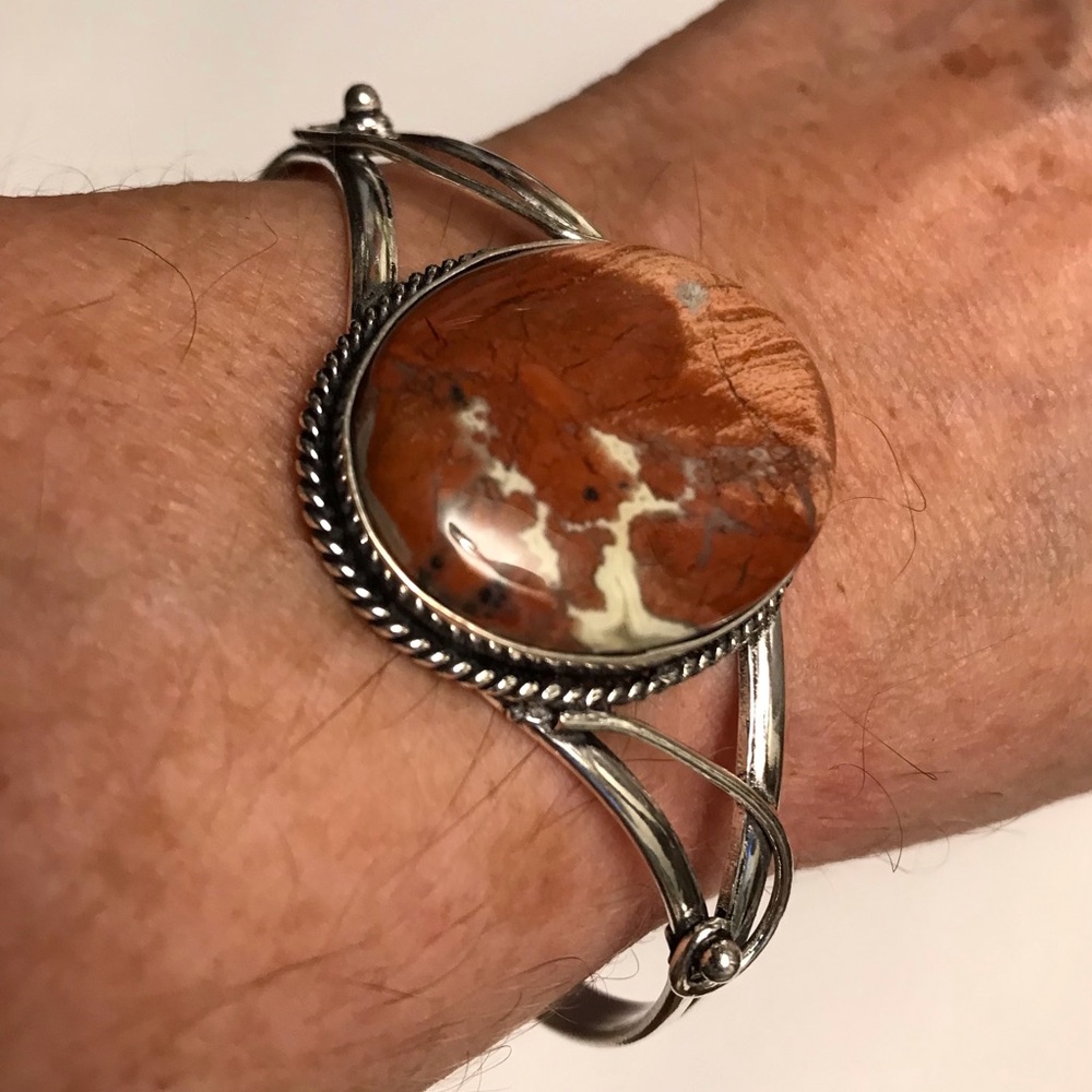 Red Jasper Stamped 925 Sterling Silver Cuff Bracelet